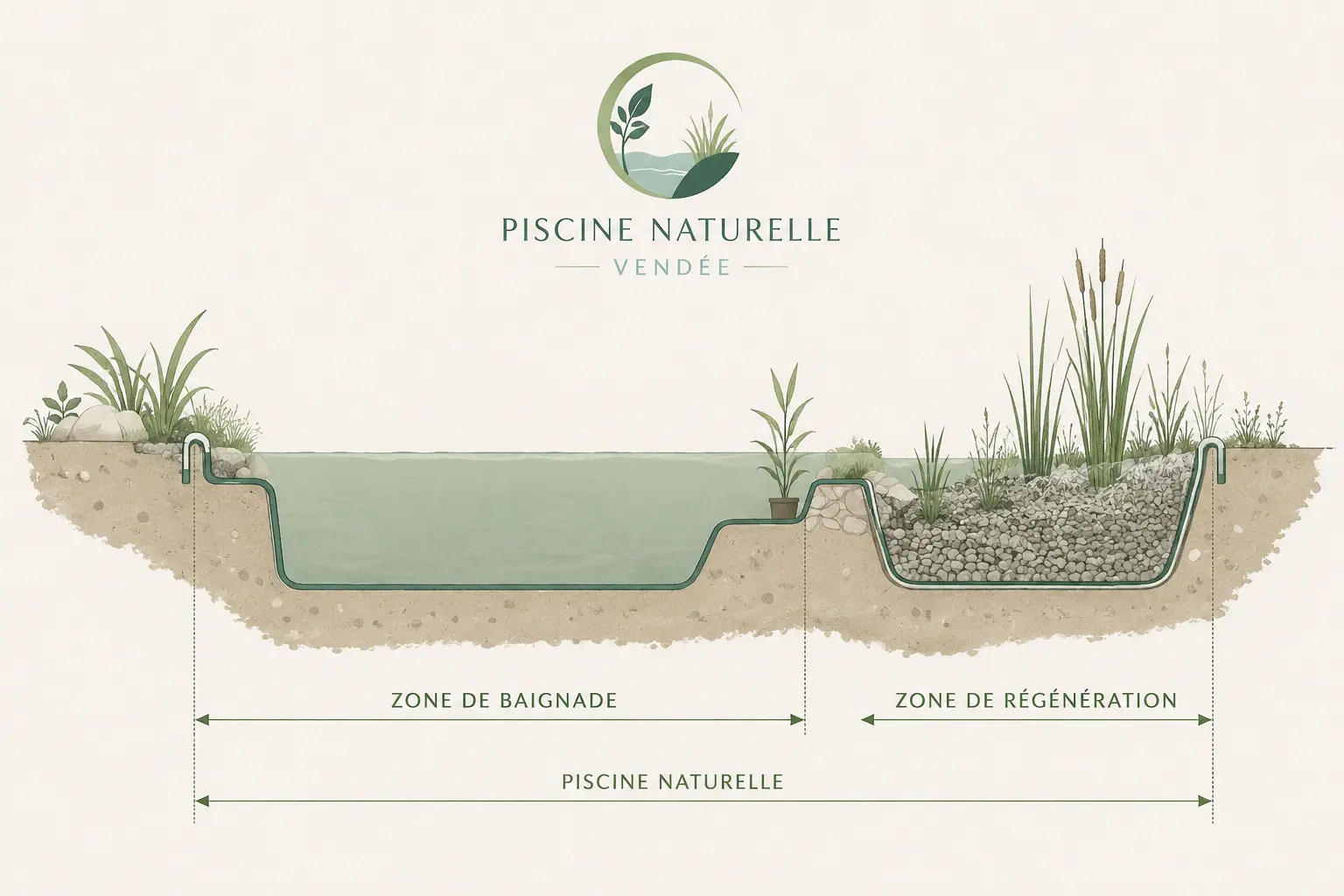 Schéma en coupe d'une piscine naturelle : zone de baignade et zone de régénération